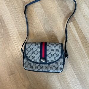 Gucci GG Canvas Crossbody with Navy & Red Web Stripe